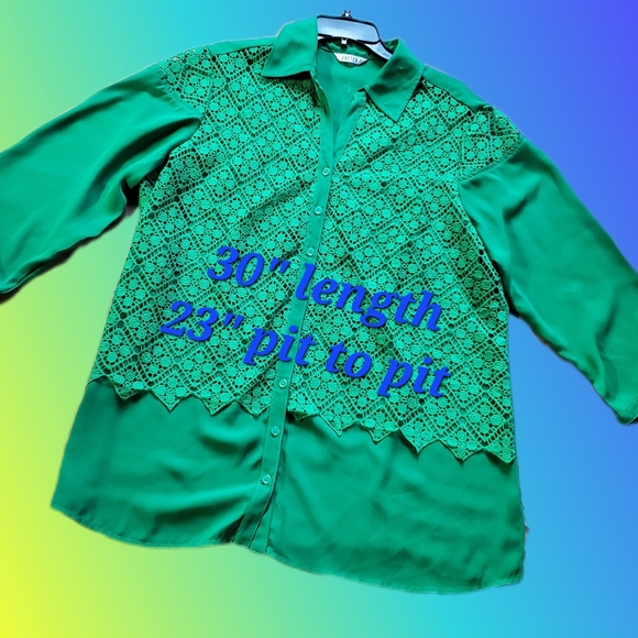 Vintage  Mint Green Lace Overlay Button Down Blouse - Picture 9 of 13
